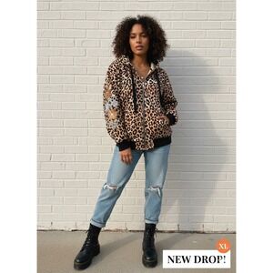 Caleesa Women Hoodie XL Leopard Print Floral Embroidered Zip Up Animal Aesthetic